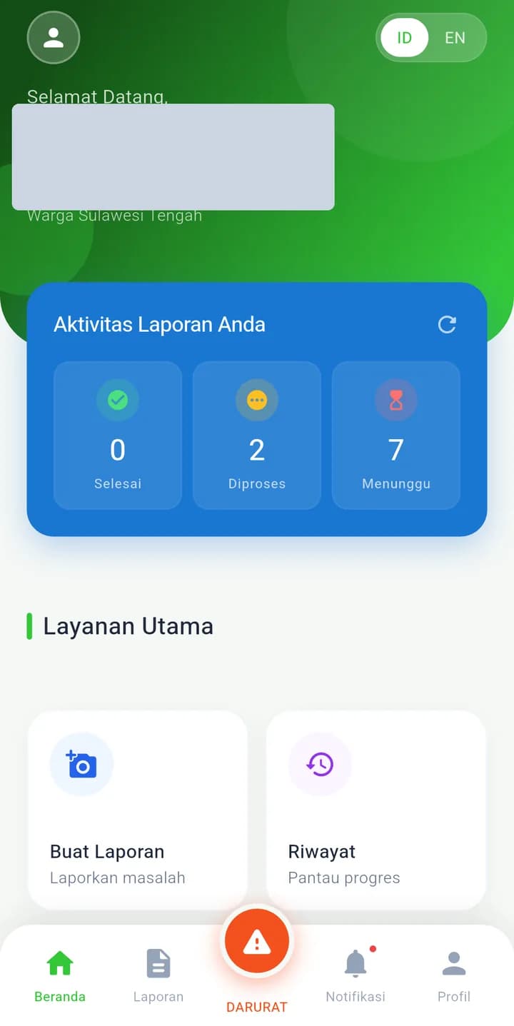 Tangkapan layar Beranda aplikasi Berani Samporoa dengan kartu Aktivitas Laporan Anda