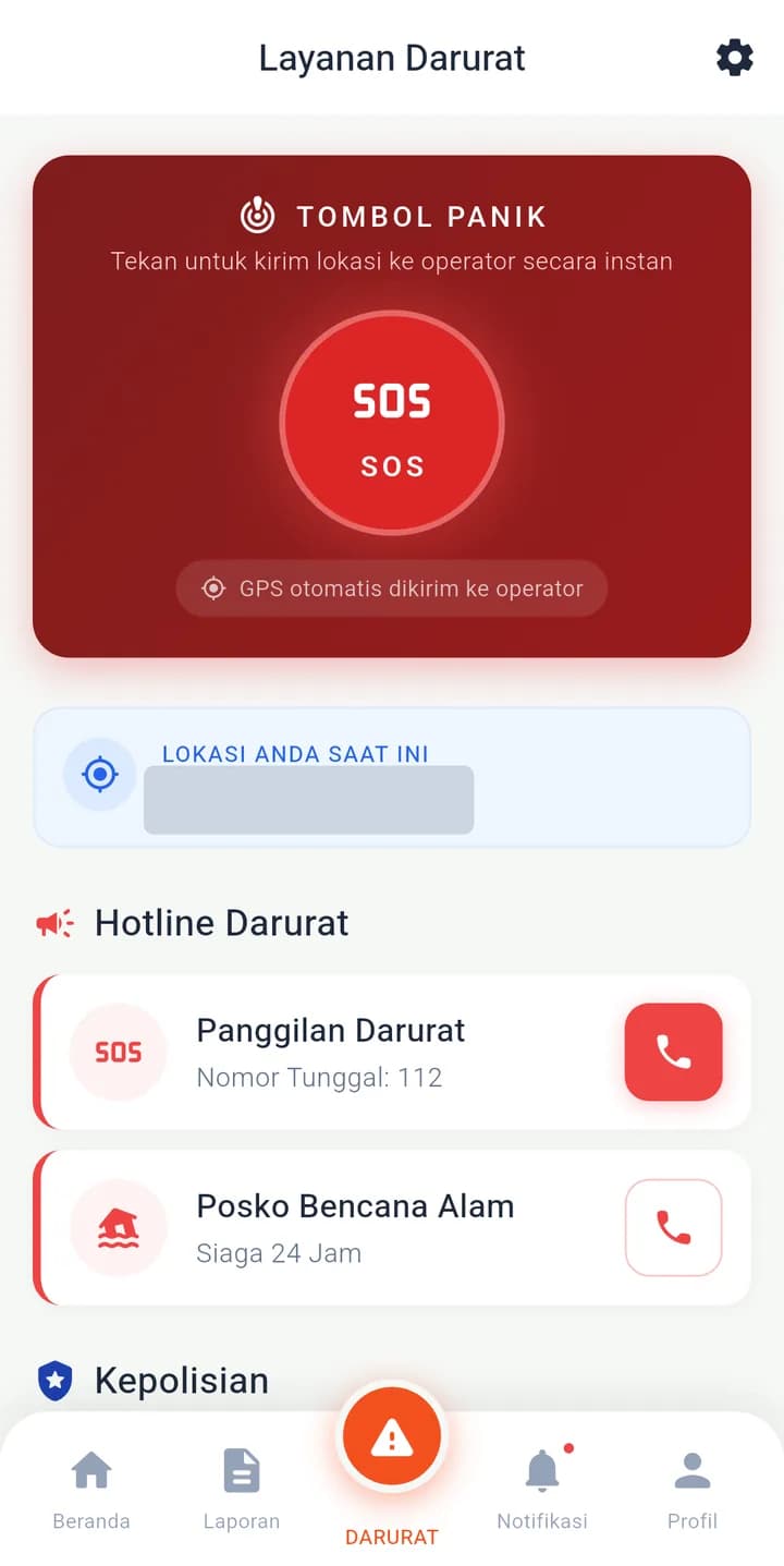 Tangkapan layar Layanan Darurat dengan Tombol Panik SOS dan daftar hotline darurat