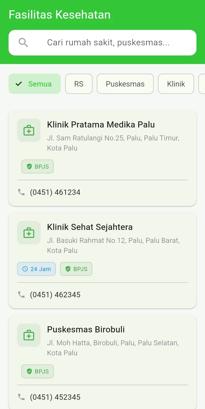 Tangkapan layar daftar Fasilitas Kesehatan dengan filter RS, Puskesmas, dan Klinik
