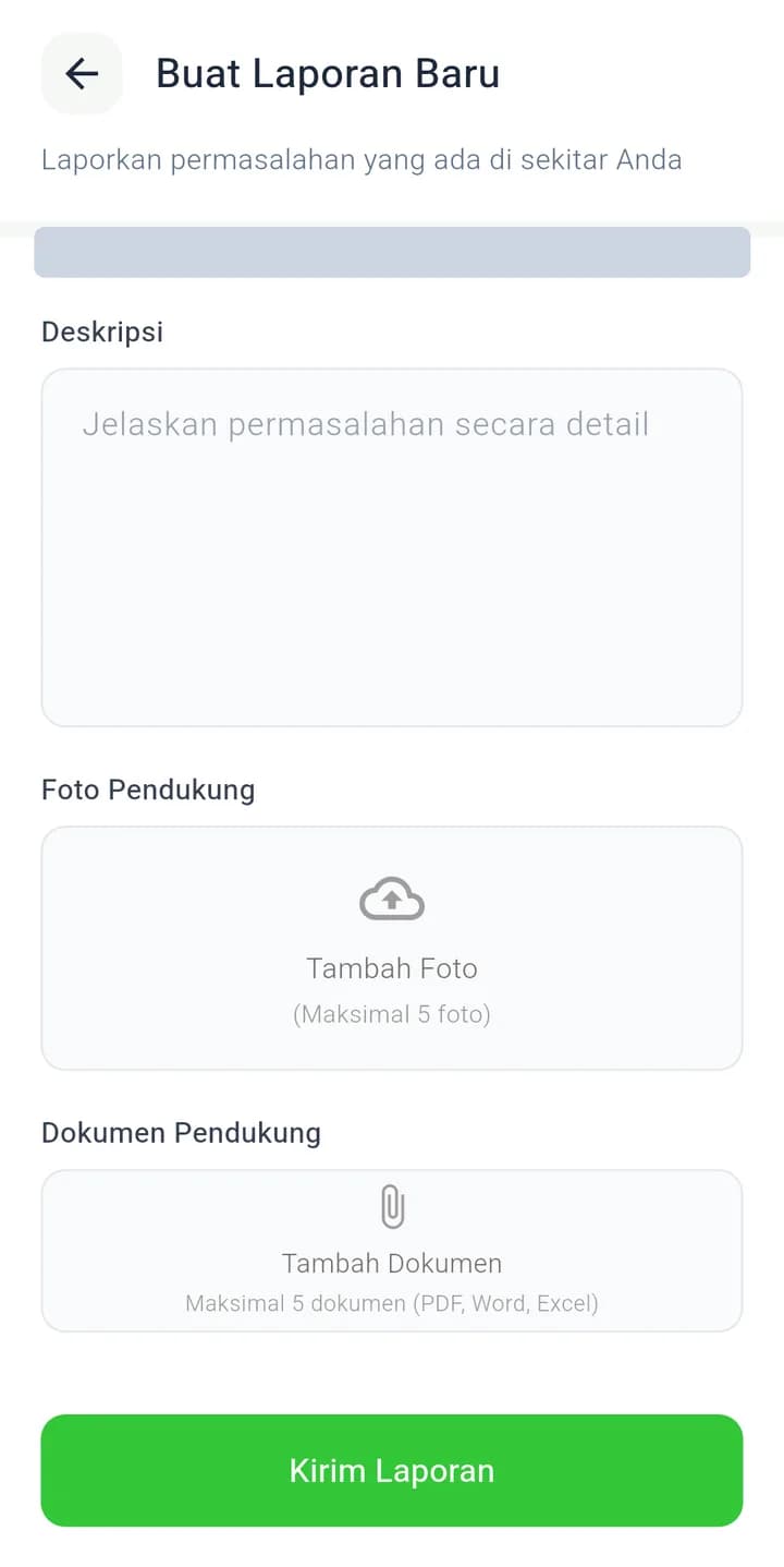 Tangkapan layar bagian deskripsi, foto pendukung, dokumen pendukung, dan tombol Kirim Laporan