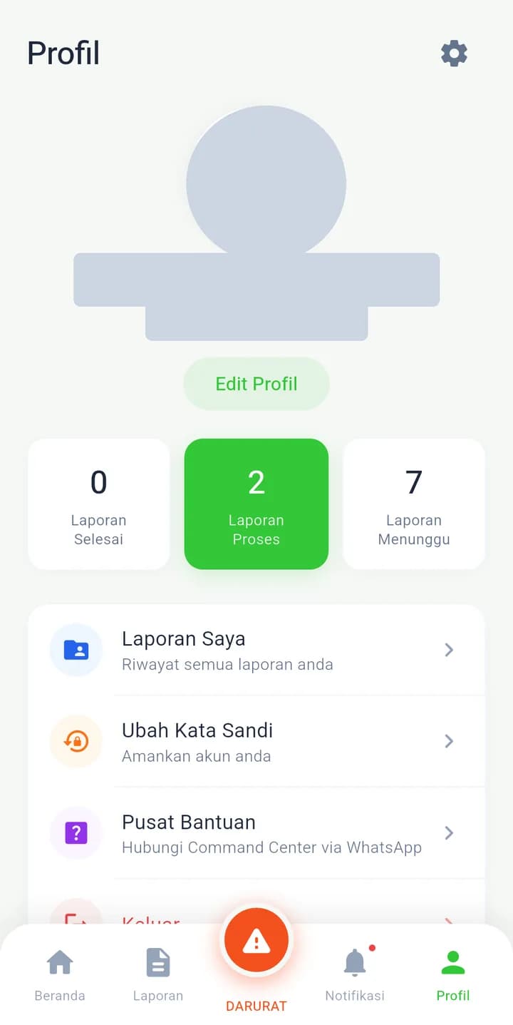 Tangkapan layar halaman Profil dengan ringkasan laporan dan menu akun