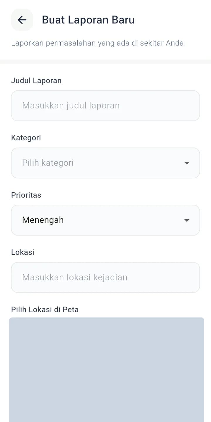 Tangkapan layar formulir Buat Laporan Baru: judul, kategori, prioritas, dan lokasi