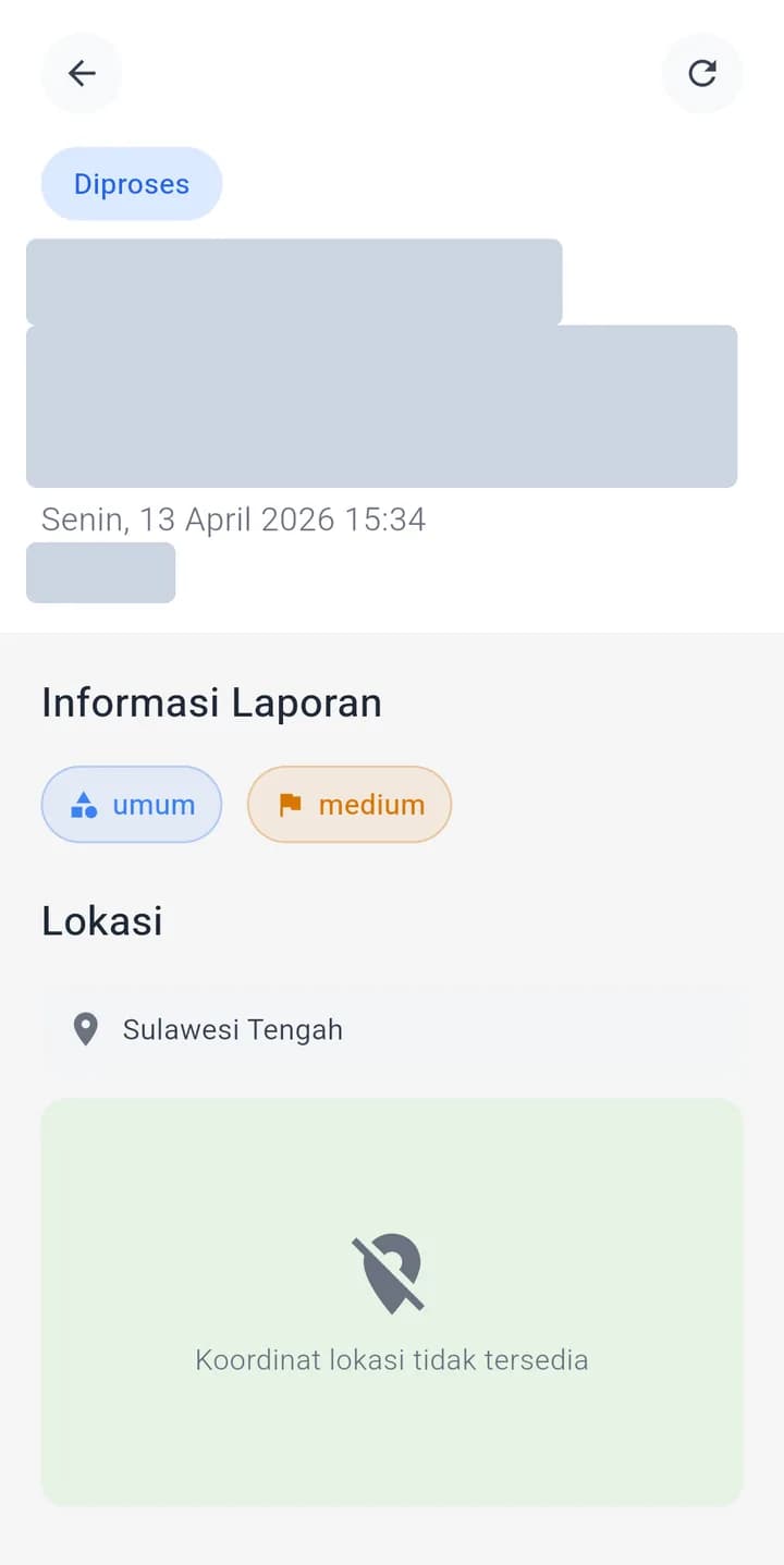 Tangkapan layar halaman detail laporan dengan status, kategori, prioritas, dan lokasi