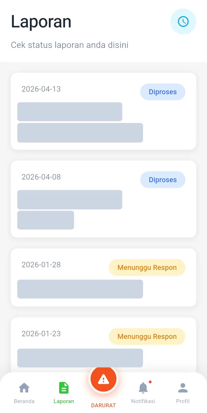 Tangkapan layar daftar Laporan dengan status Diproses dan Menunggu Respon